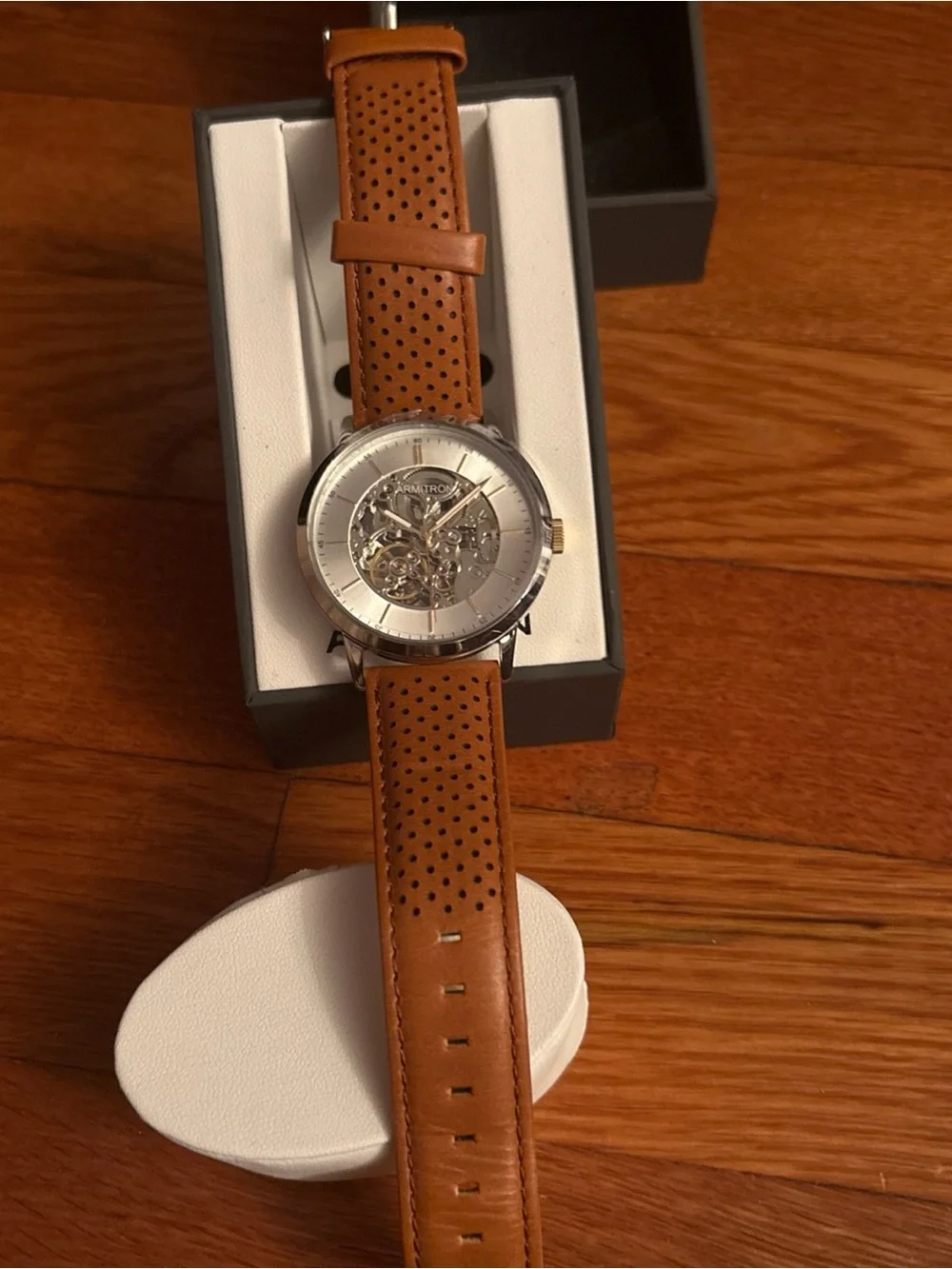 Armitron Silver Skeleton Mechanical Watch with Brown Leather Strap